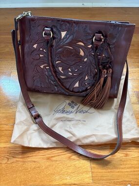 Patricia Nash Brown Hand-Tooled Leather Tote with Tassels
